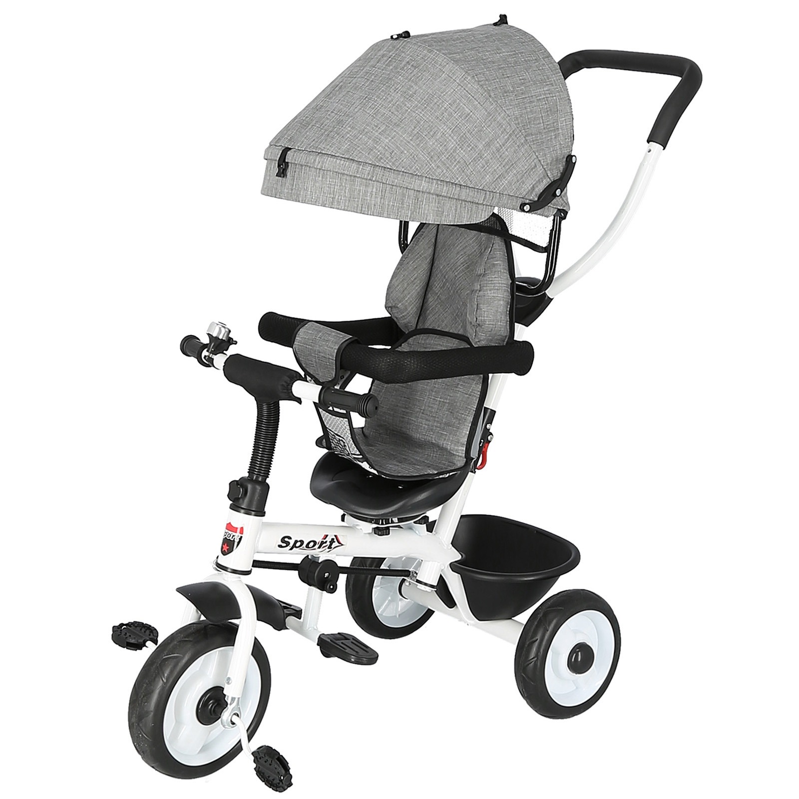 Trójkołowy rowerek dziecięcy z szarą budką i koszykiem, biała rama, widok z boku na białym tle.