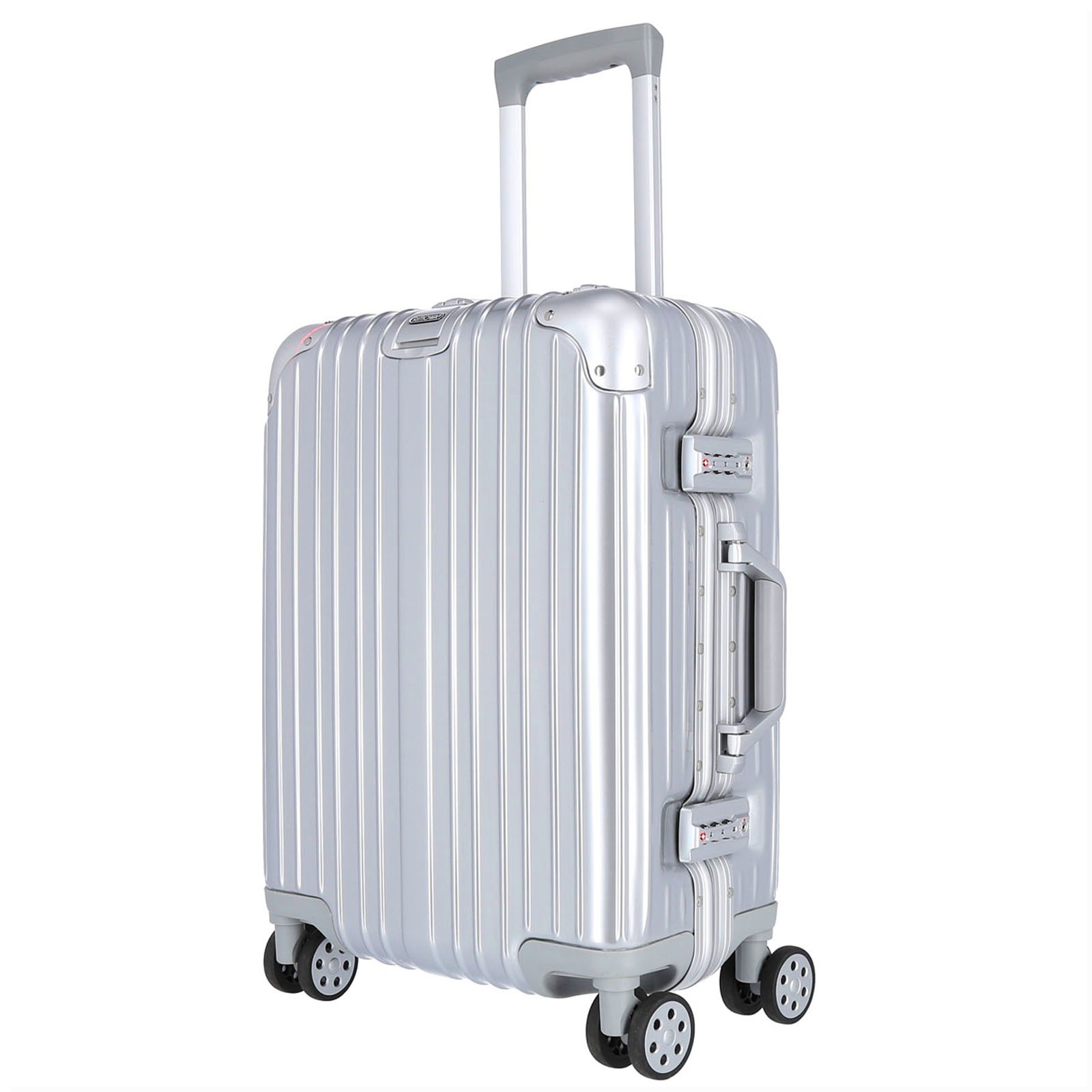 Srebrna walizka kabinowa z wysuwaną rączką i zamkami szyfrowymi, na białym tle.