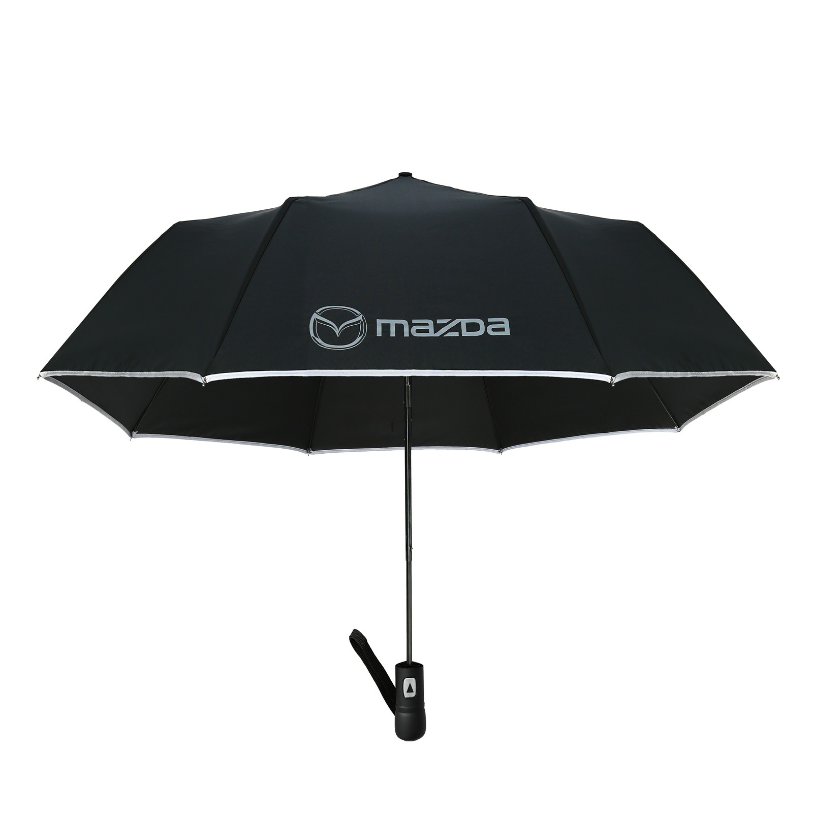 Czarny parasol z logo Mazda na białym tle, widoczne srebrne obramowanie.