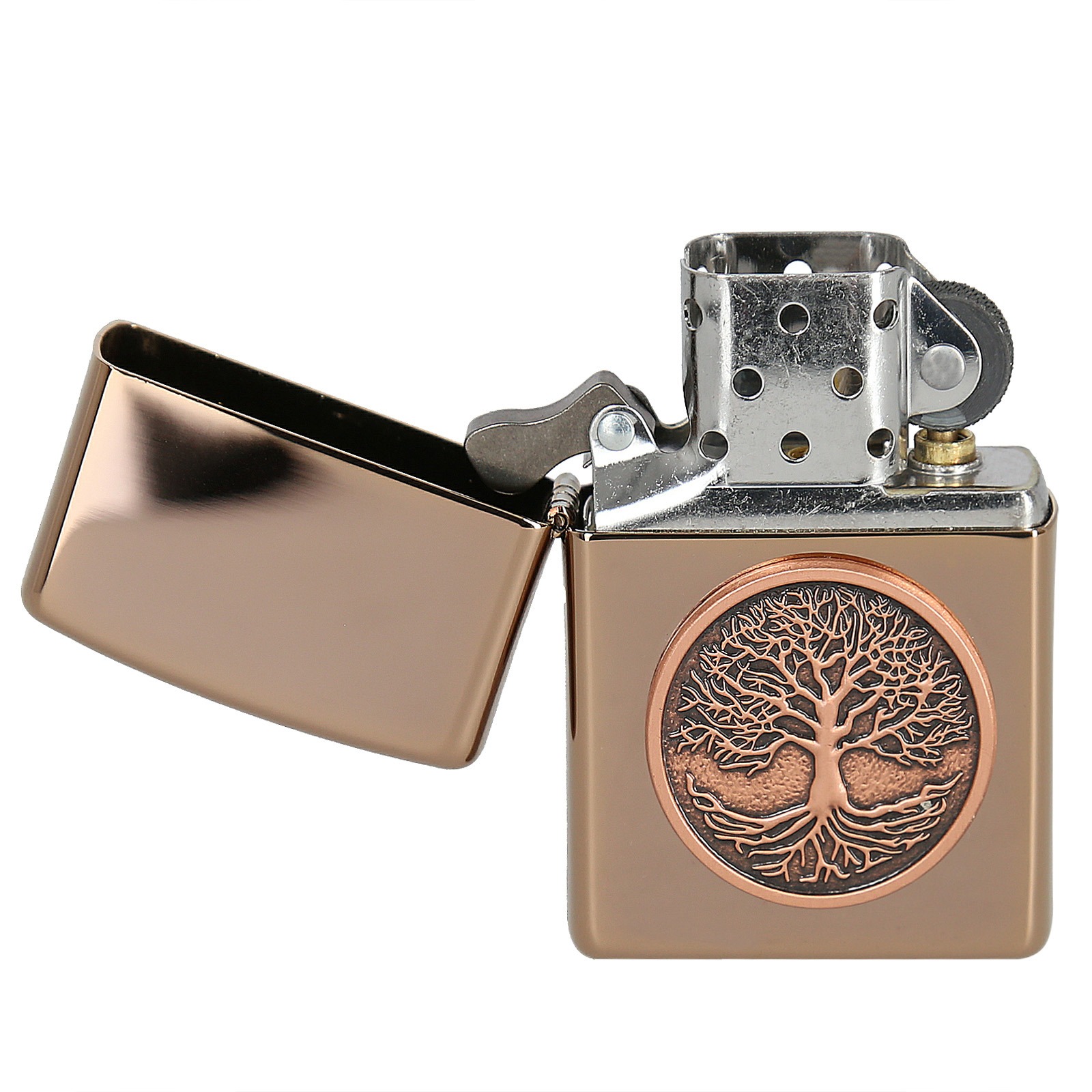 Otwarta zapalniczka benzynowa w kolorze brązu z metalicznym połyskiem, z okrągłym medalionem przedstawiającym drzewo życia.