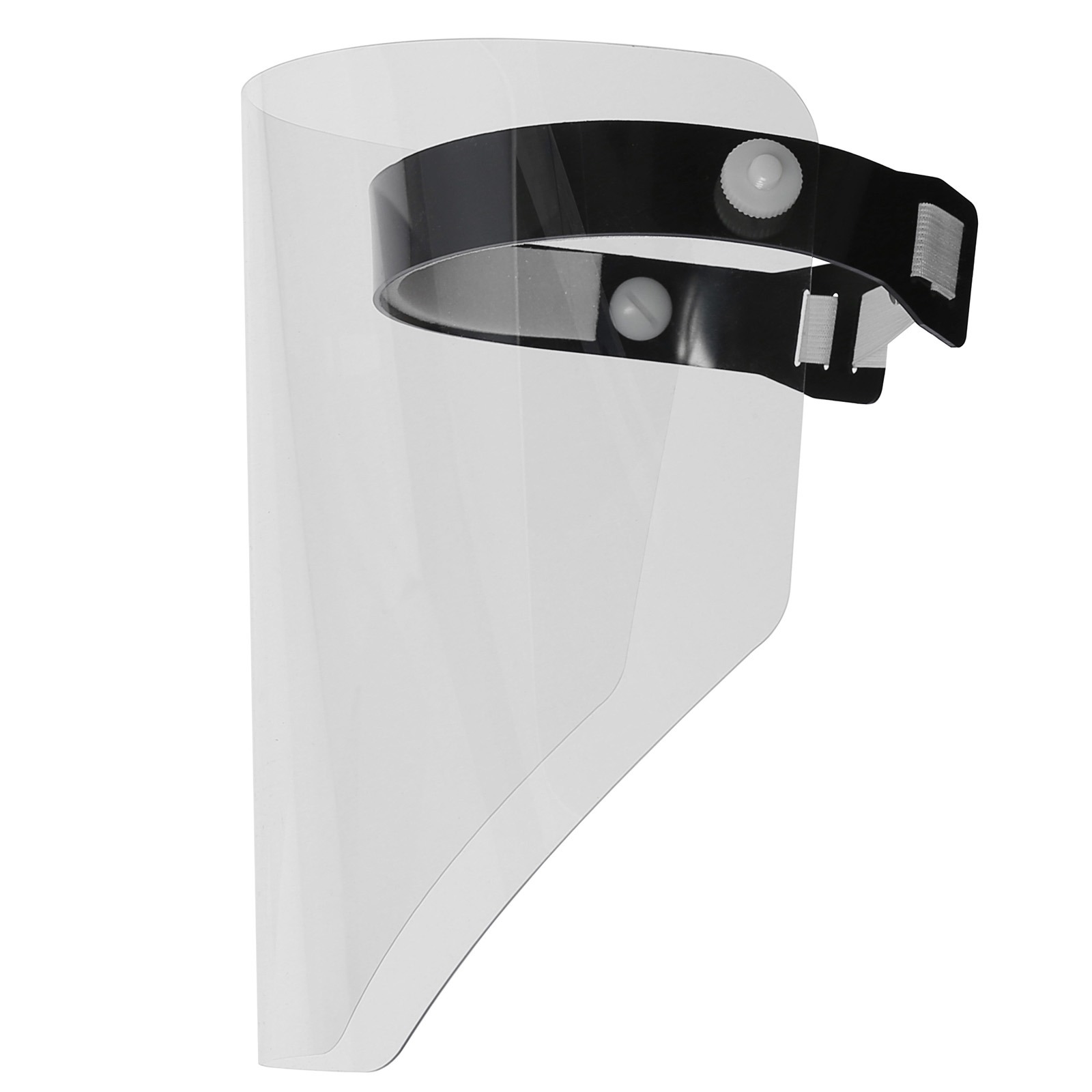 Przezroczysta osłona twarzy z czarnym regulowanym paskiem, prezentowana na białym tle przez firmę z Tuszyna.