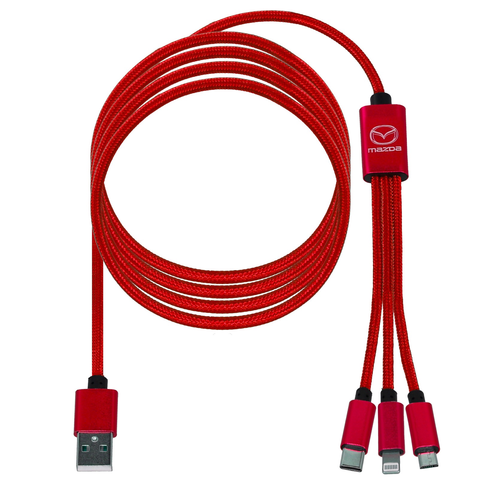 Czerwony kabel USB z trzema różnymi końcówkami (USB-C, Lightning, Micro USB) i logo Mazda na białym tle.