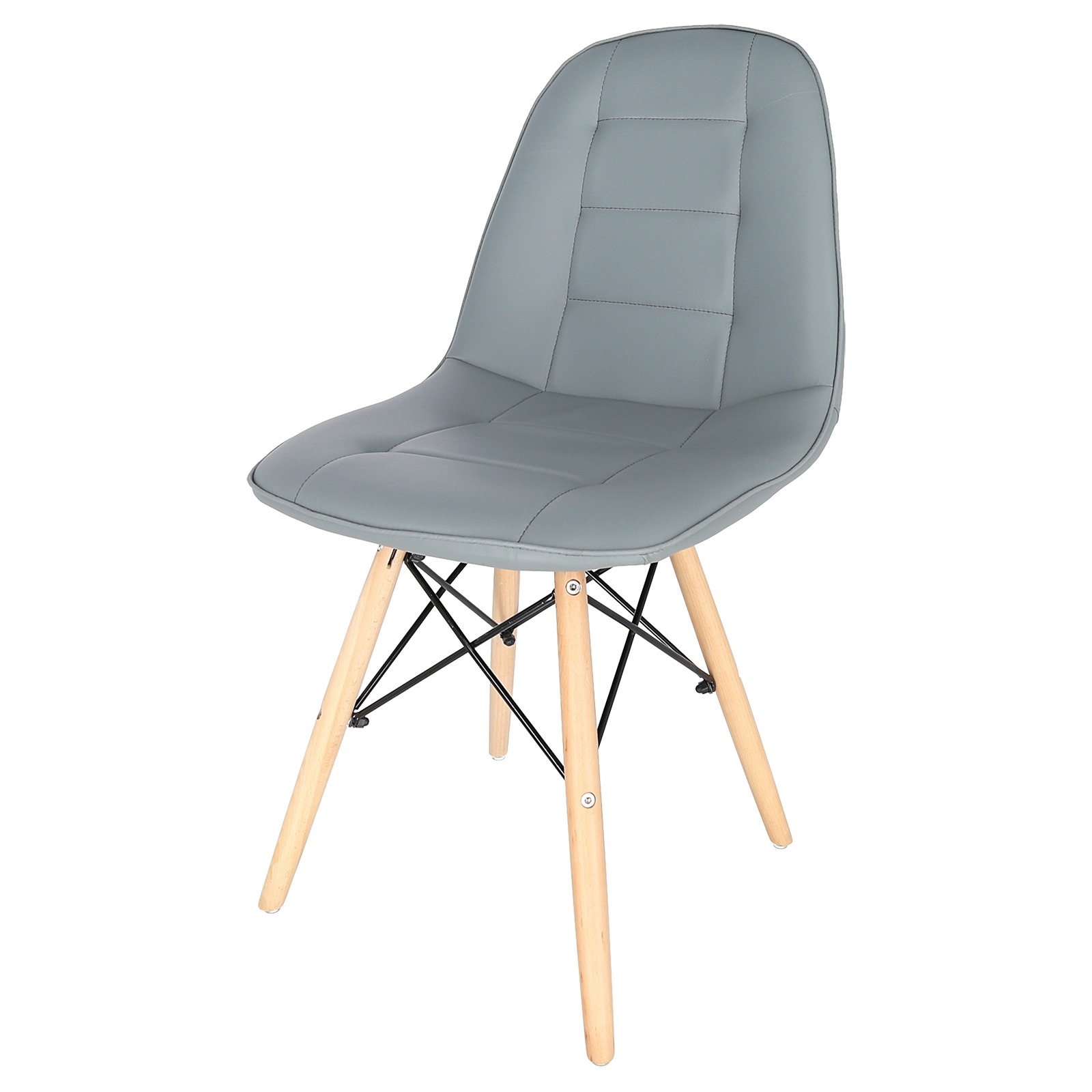 Szare krzesło z tapicerowanym siedziskiem i drewnianymi nogami na białym tle.