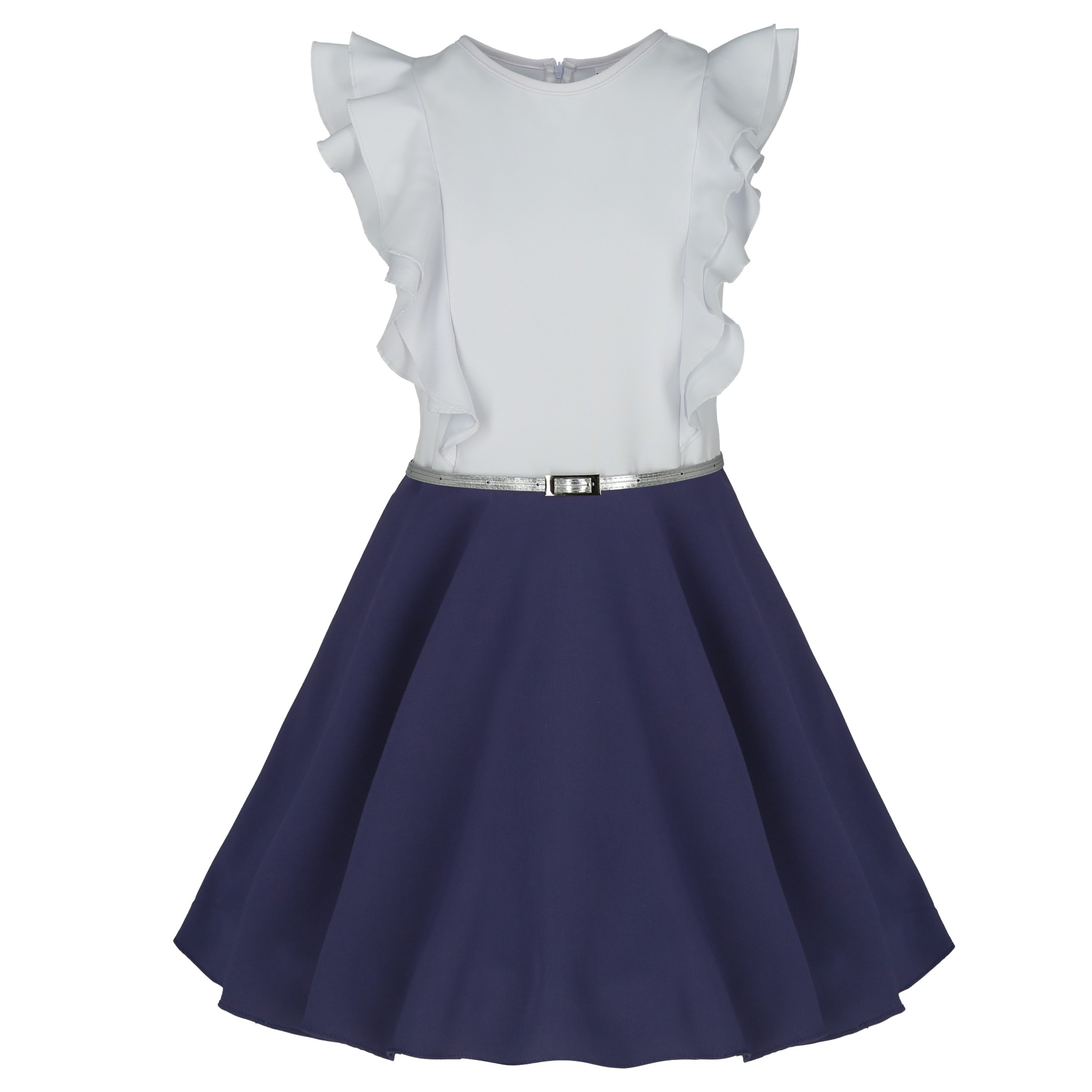 Dziewczęca sukienka z białym topem z falbankami i granatowym rozkloszowanym dołem, przepasana srebrnym paskiem.