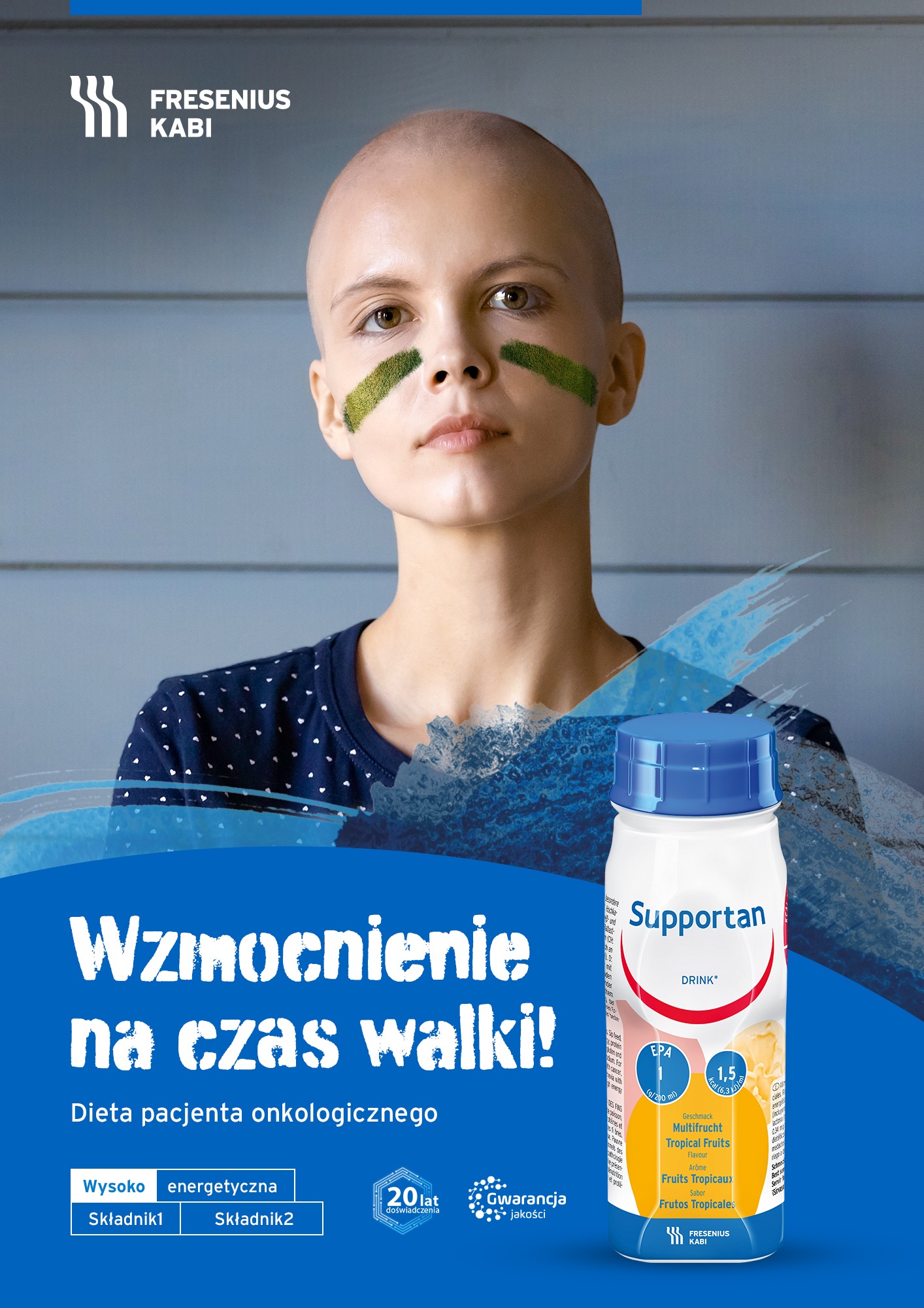Zdjęcie promujące Supportan Drink dla pacjentów onkologicznych, z wizerunkiem kobiety z zielonymi paskami na twarzy, symbolizującymi walkę z chorobą.