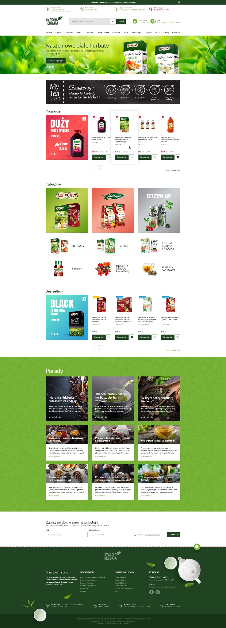 Strona internetowa sklepu Smaczna Herbata z ofertą herbat, syropów i poradami, z zielonym tłem i motywami liści.