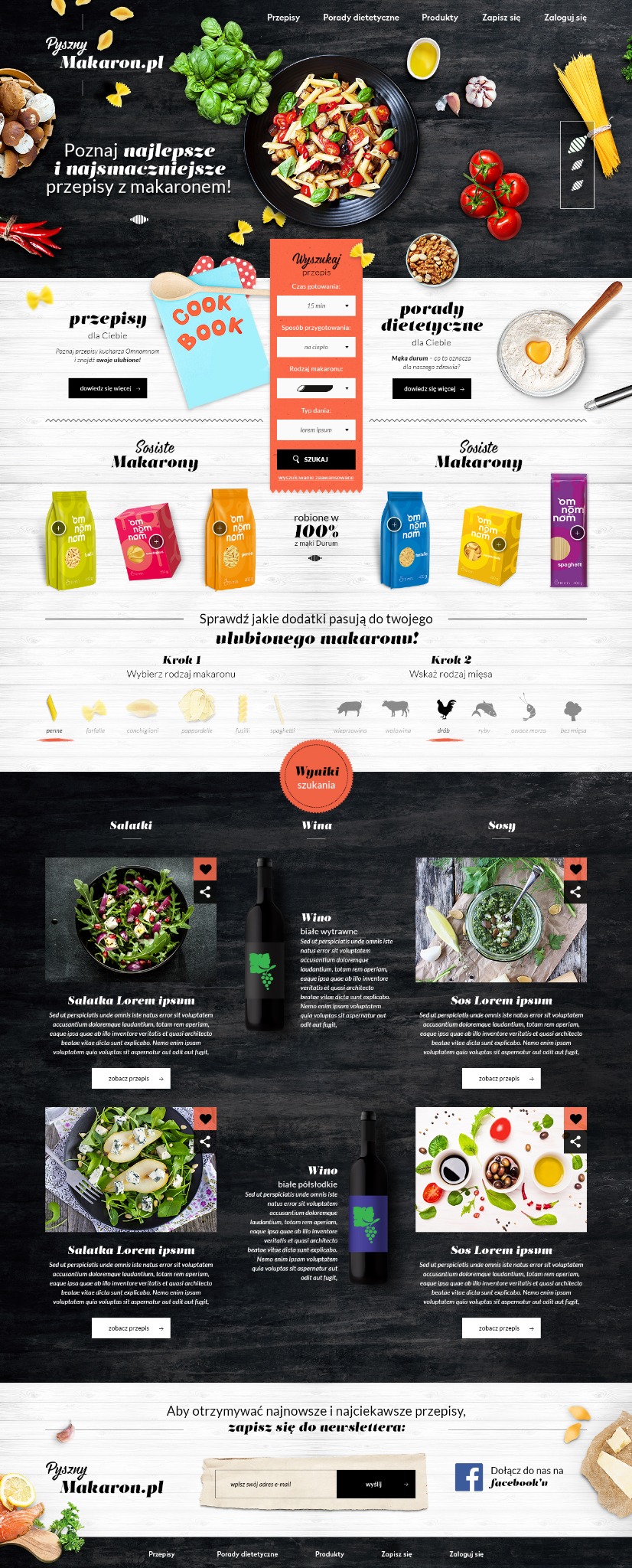 Projekt strony internetowej z przepisami na makaron, prezentujący wyszukiwarkę przepisów, porady dietetyczne, produkty, oraz sekcje z sałatkami, winami i sosami.