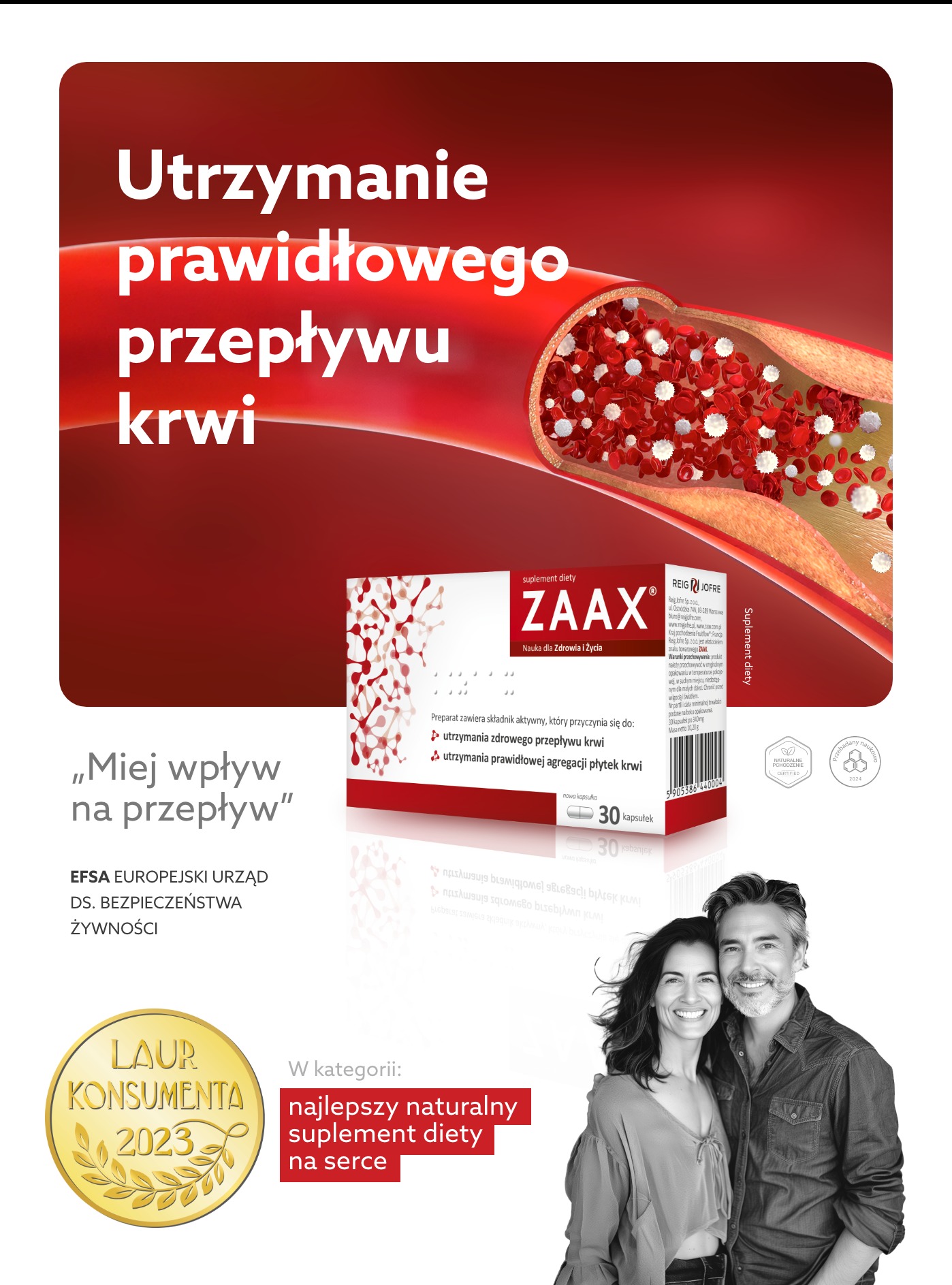 Grafika produktu ZAAX, suplementu diety wspierającego prawidłowy przepływ krwi, z wizualizacją naczynia krwionośnego i parą uśmiechniętych osób w dolnej części, obok nagrody Laur Konsumenta 2023.