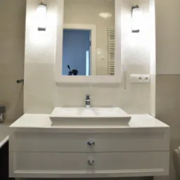 Biała umywalka nablatowa z szafką w łazience wykończonej beżowymi płytkami z delikatnym wzorem, w lustrze odbicie aparatu na statywie.