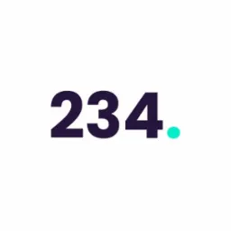 Liczba 234 w ciemnofioletowym kolorze na białym tle, z turkusową kropką po prawej stronie. Minimalistyczny design.