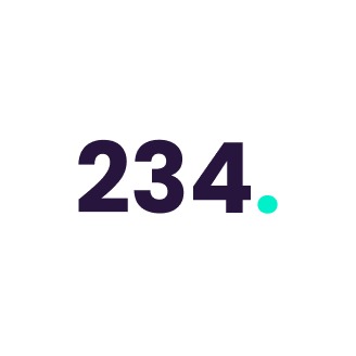 Liczba 234 w ciemnofioletowym kolorze na białym tle, z turkusową kropką po prawej stronie. Minimalistyczny design.