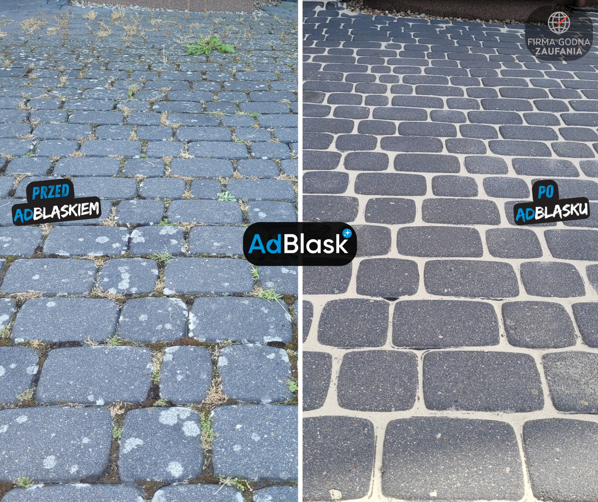 Porównanie kostki brukowej przed i po czyszczeniu w Bydgoszczy, uwidaczniające usunięcie mchu i zabrudzeń, z efektem 'przed' po lewej i 'po' po prawej stronie.