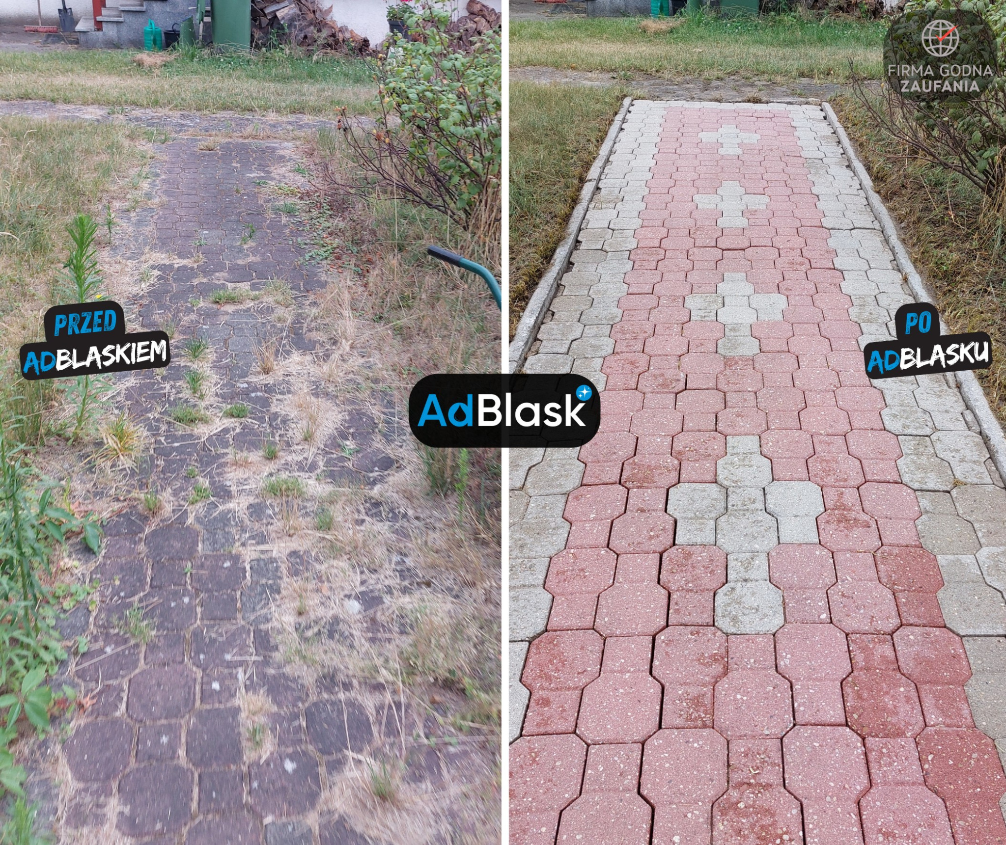 Porównanie stanu kostki brukowej przed i po czyszczeniu: po lewej stronie zaniedbana, porośnięta chwastami, po prawej - czysta, z widocznym wzorem czerwono-szarych kostek.