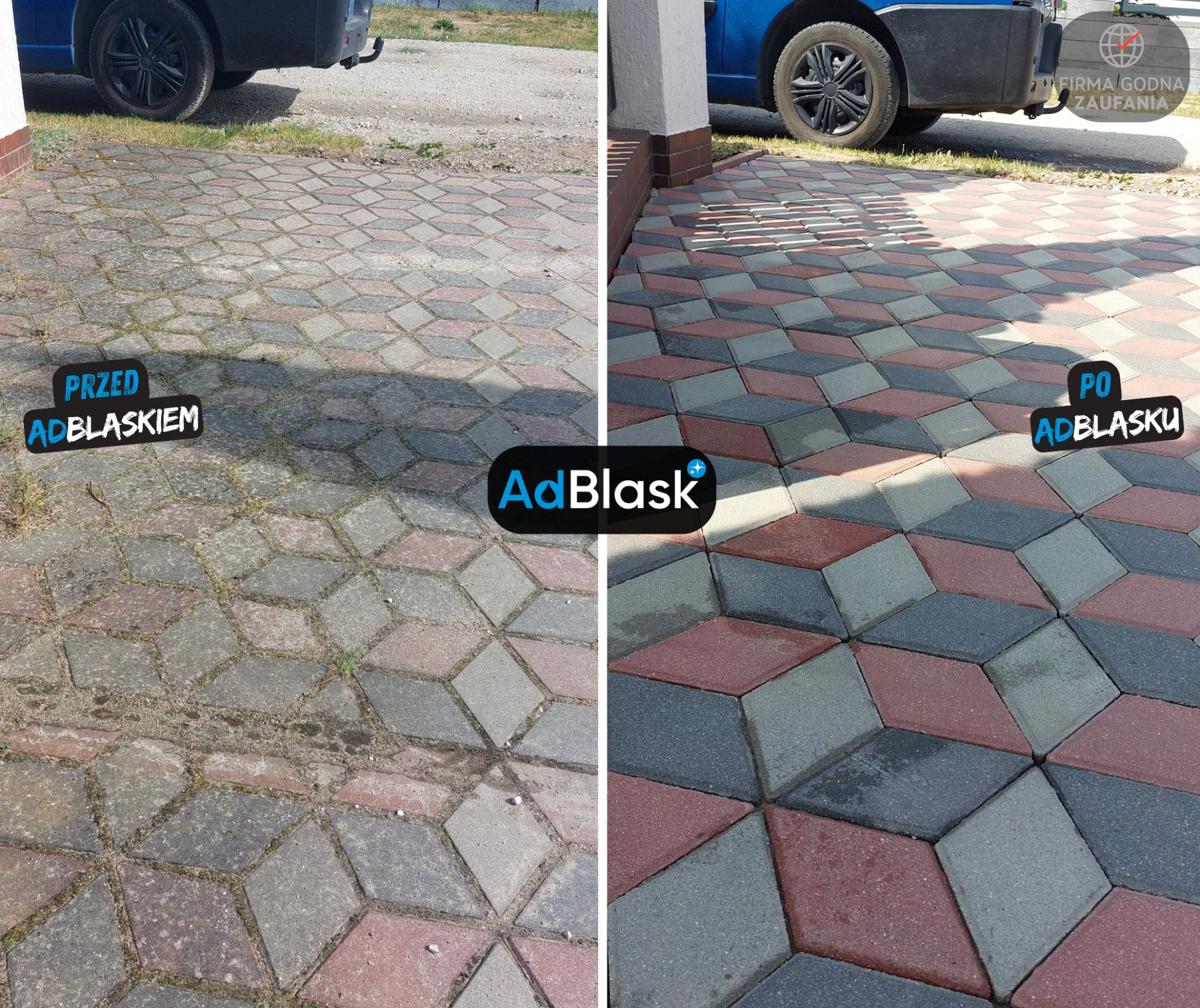 Porównanie kostki brukowej przed i po czyszczeniu, widoczne różnice w kolorze i czystości, z logo firmy w centralnej części zdjęcia.