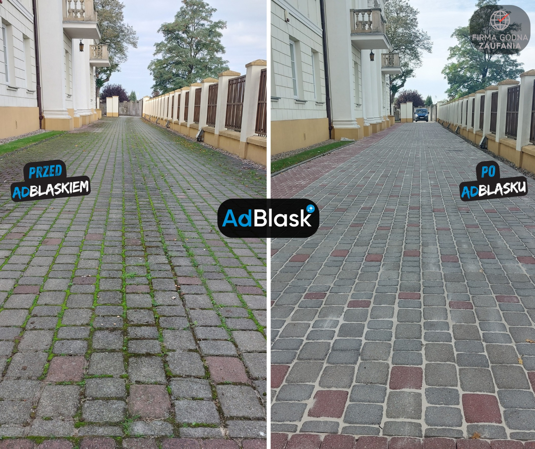 Porównanie stanu kostki brukowej przed i po czyszczeniu. Lewa strona: kostka zarośnięta mchem i brudem. Prawa strona: kostka czysta, z widoczną kolorystyką. W tle budynek z kolumnami i ogrodzenie.
