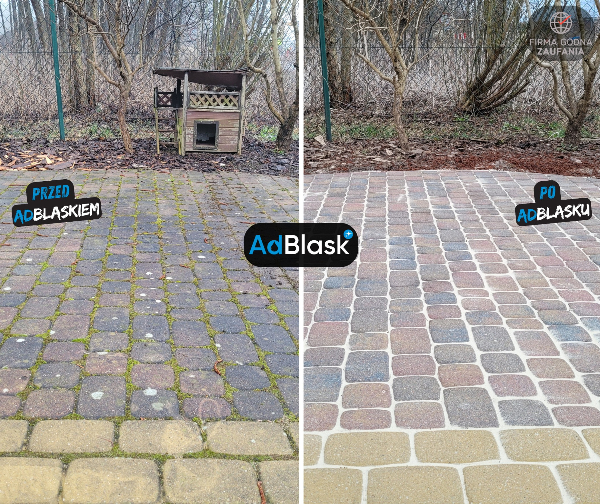 Porównanie kostki brukowej przed i po czyszczeniu z wykorzystaniem technologii AdBlask, prezentujące usunięcie mchu i przywrócenie pierwotnego koloru, z widoczną budką dla zwierząt w tle.