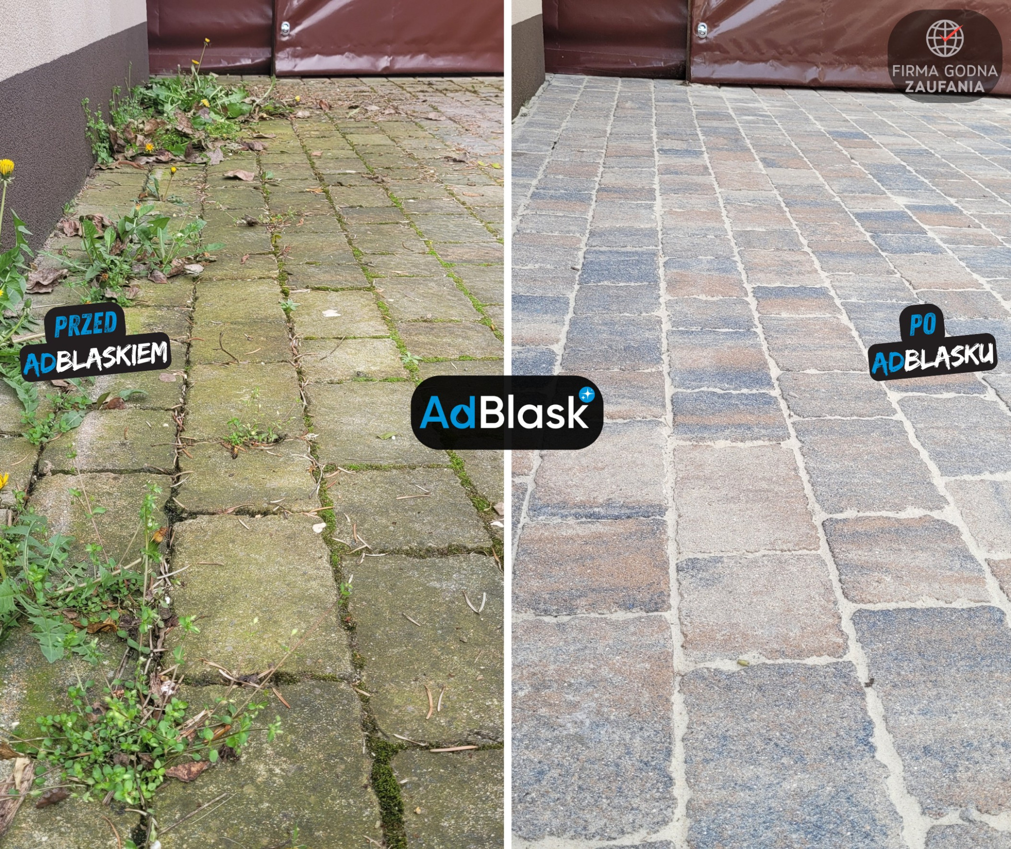 Zdjęcie typu 'przed i po' prezentujące efekt czyszczenia kostki brukowej. Po lewej stronie kostka zarośnięta mchem i chwastami, po prawej czysta kostka w odcieniach szarości i brązu. W tle widoczny...