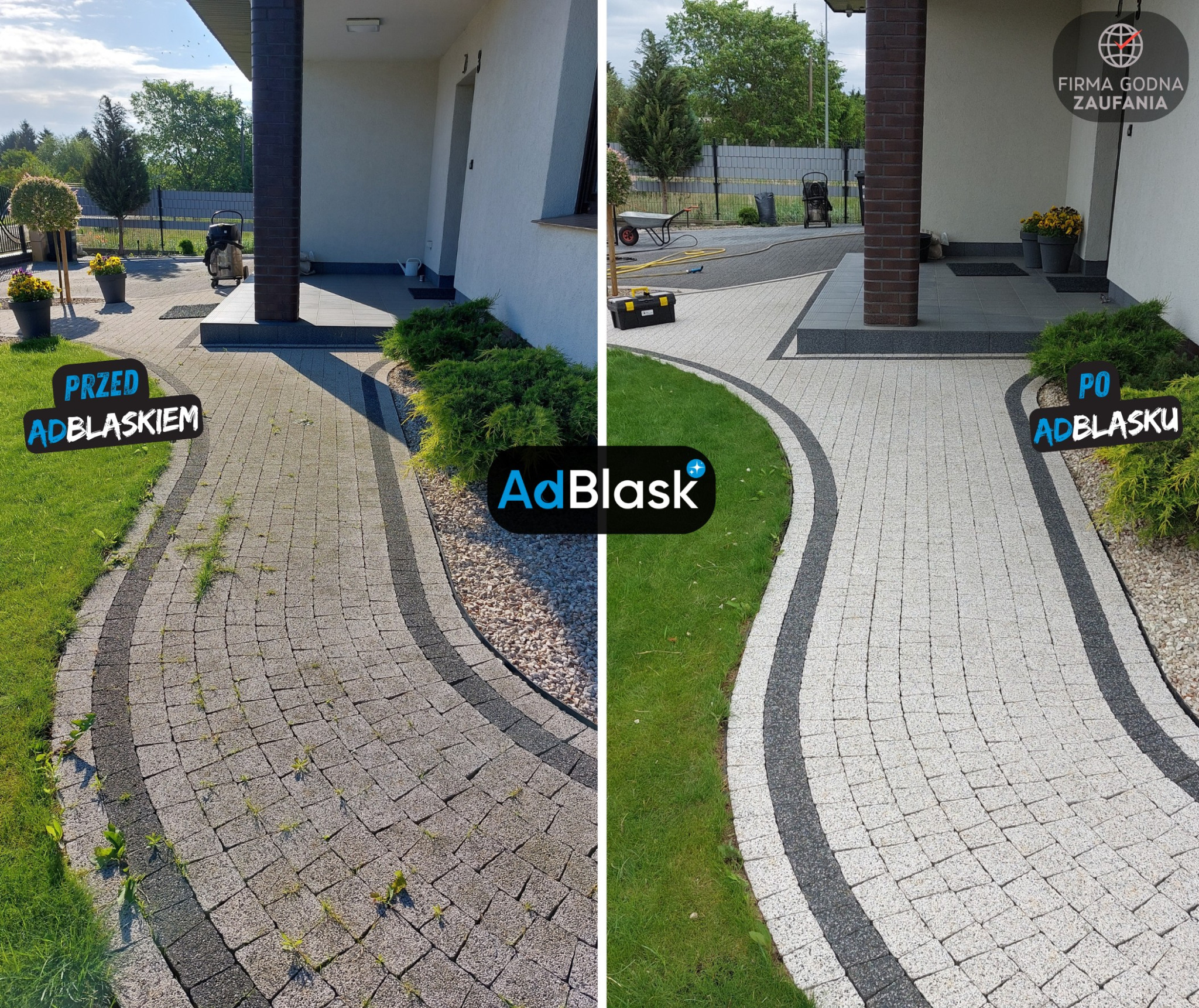 Porównanie kostki brukowej przed i po czyszczeniu: po lewej stronie kostka zarośnięta chwastami, po prawej czysta i zadbana, z widocznym efektem odświeżenia koloru.