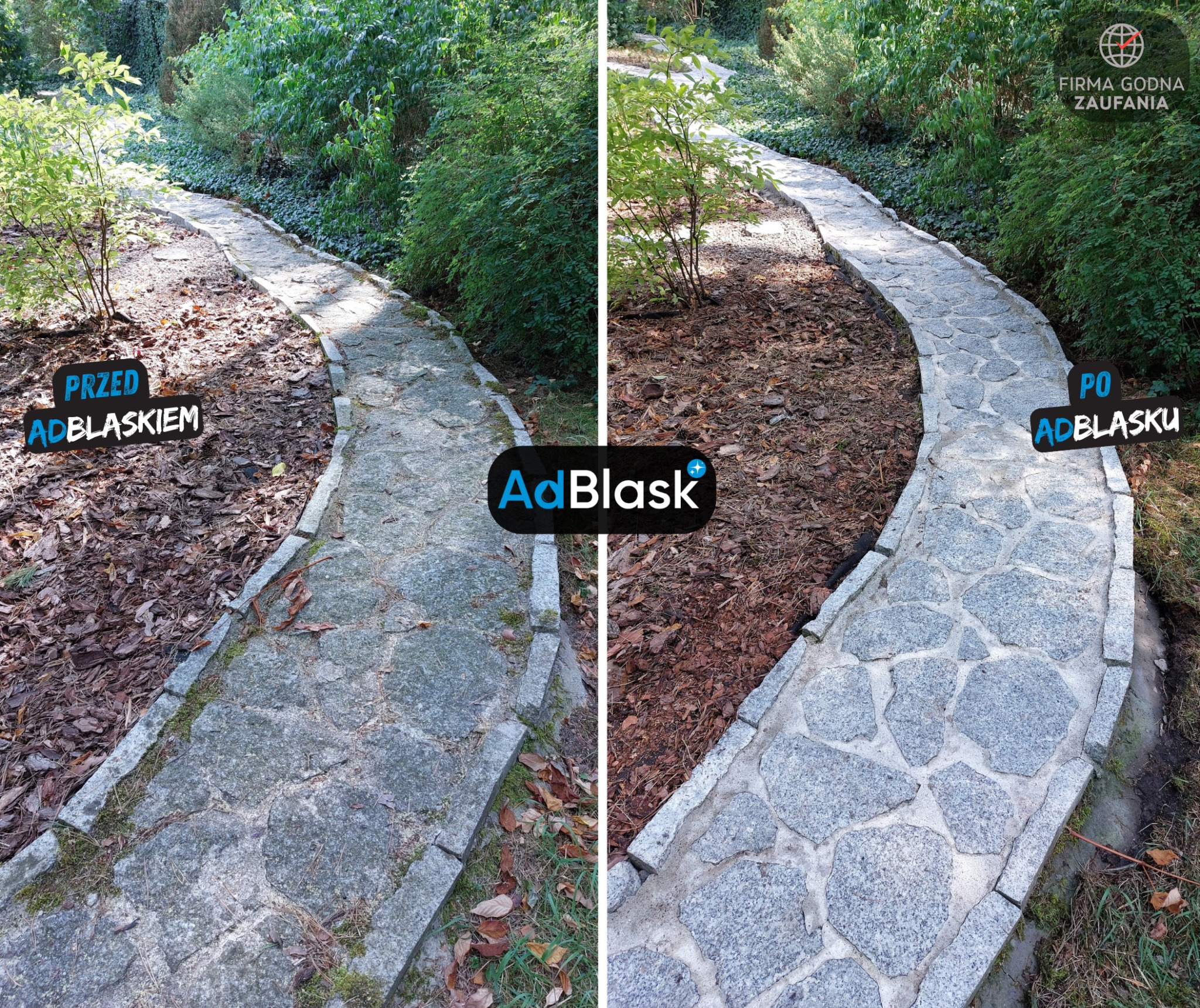 Porównanie kostki brukowej przed i po czyszczeniu, ukazujące różnicę w wyglądzie kamiennej ścieżki w ogrodzie, z widoczną różnicą w kolorze i czystości kamieni.