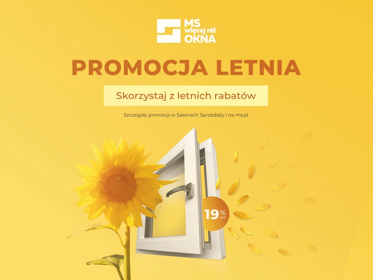 Grafika reklamowa: Słonecznik w otwartym oknie na tle żółtym z napisem 'Promocja Letnia' i informacją o 19% rabacie.