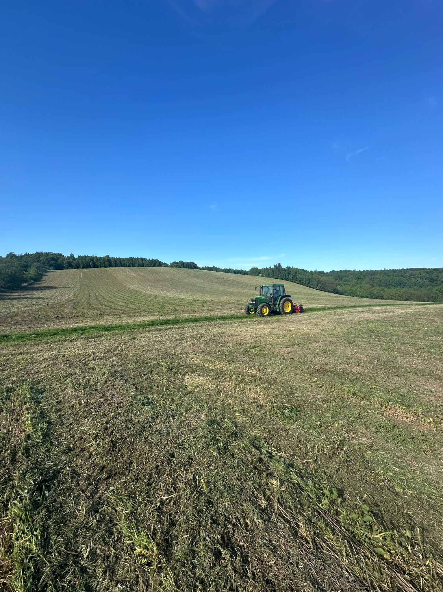 Zielony traktor John Deere z kosiarką rotacyjną na polu po skoszeniu trawy, widoczne równe pasy skoszonej trawy, w tle las i błękitne niebo.