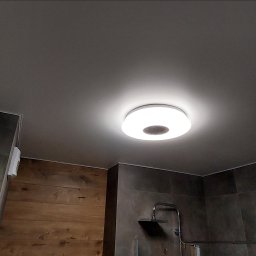 OKSANA VALCHUK OKTAPRO - Nowoczesna łazienka z drewnianą ścianą i okrągłym, podwieszanym oświetleniem sufitowym. Widoczna armatura prysznicowa i szara, kwadratowa glazura.