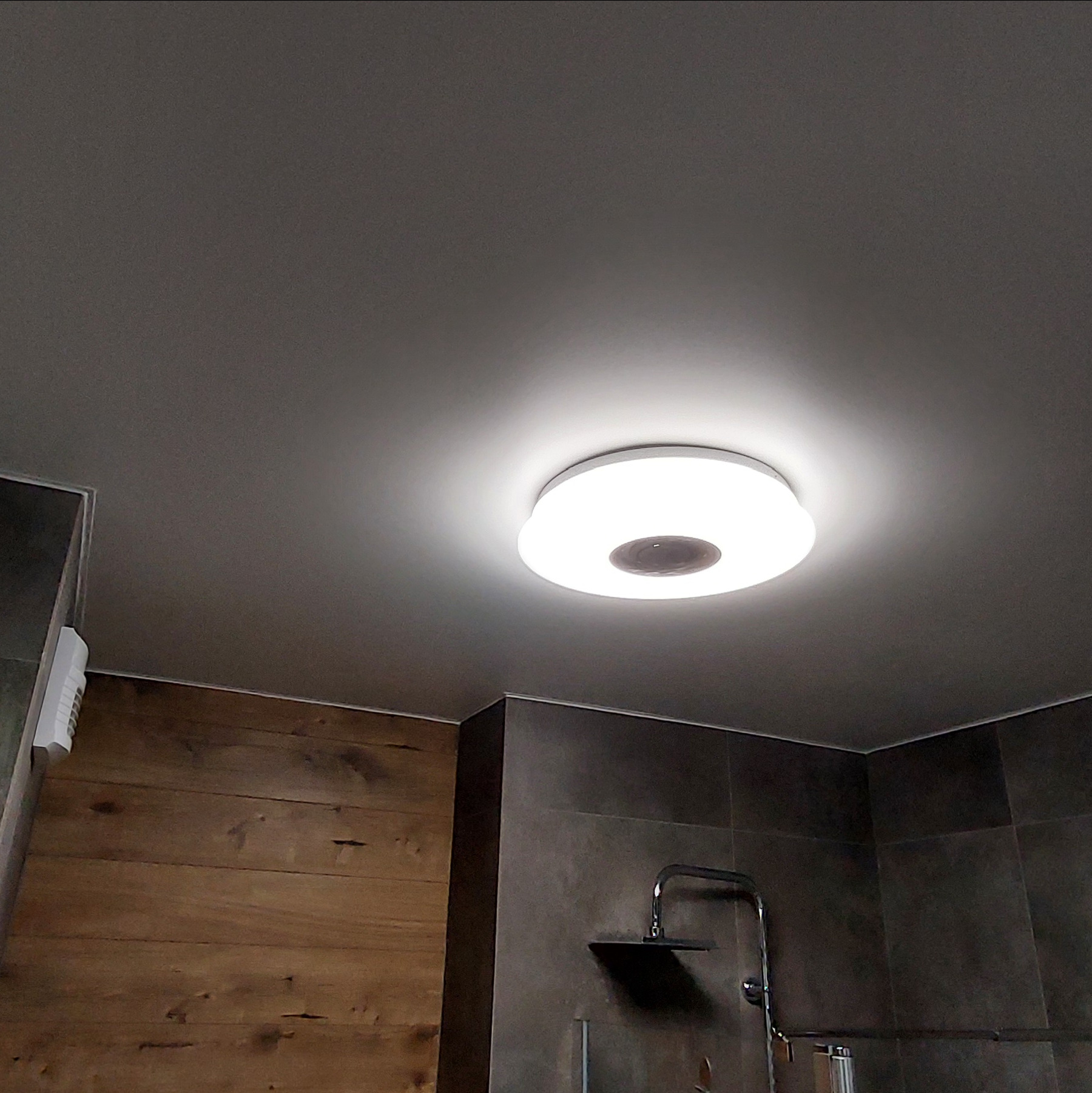 Nowoczesna łazienka z drewnianą ścianą i okrągłym, podwieszanym oświetleniem sufitowym. Widoczna armatura prysznicowa i szara, kwadratowa glazura.