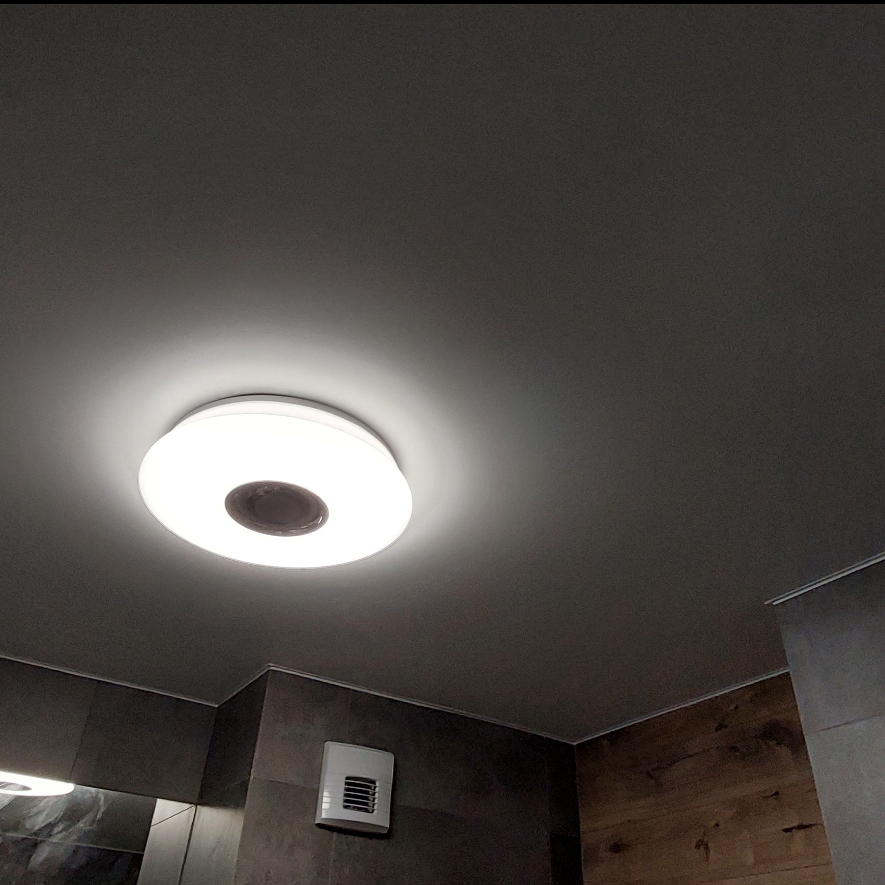Szary sufit z okrągłą lampą LED w łazience z wentylacją. Nowoczesne wykończenie wnętrza, widok z dołu.