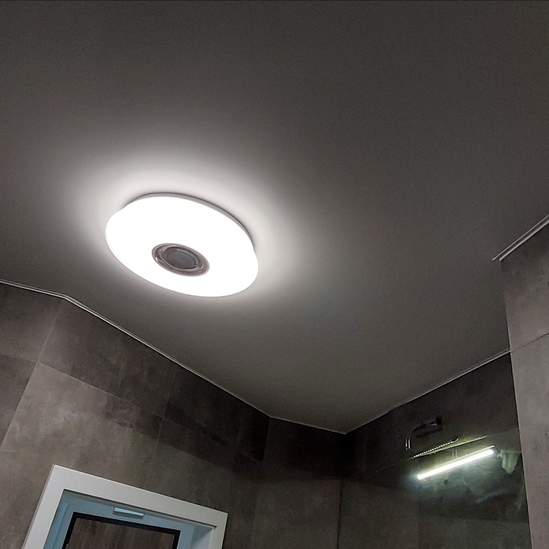 Szary sufit z okrągłą lampą LED w łazience z ciemnymi płytkami. Widoczny fragment lustra i oświetlenie nad nim. Ujęcie z dołu, podkreślające nowoczesny design.