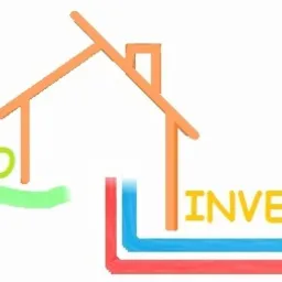 Proste, odręczne logo firmy AGRO INVEST z sylwetką domu i kolorowymi liniami symbolizującymi instalacje.