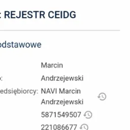 Cztery torby reklamowe z różnymi grafikami: pojazd ciężarowy, abstrakcyjne kształty, liście i słodycze, umieszczone nad fragmentem strony internetowej z danymi firmy z rejestru CEIDG.