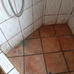 Tina - Brudna kabina prysznicowa z terakotową podłogą i zagrzybionymi fugami na ścianach, widoczny odpływ i wąż prysznicowy.