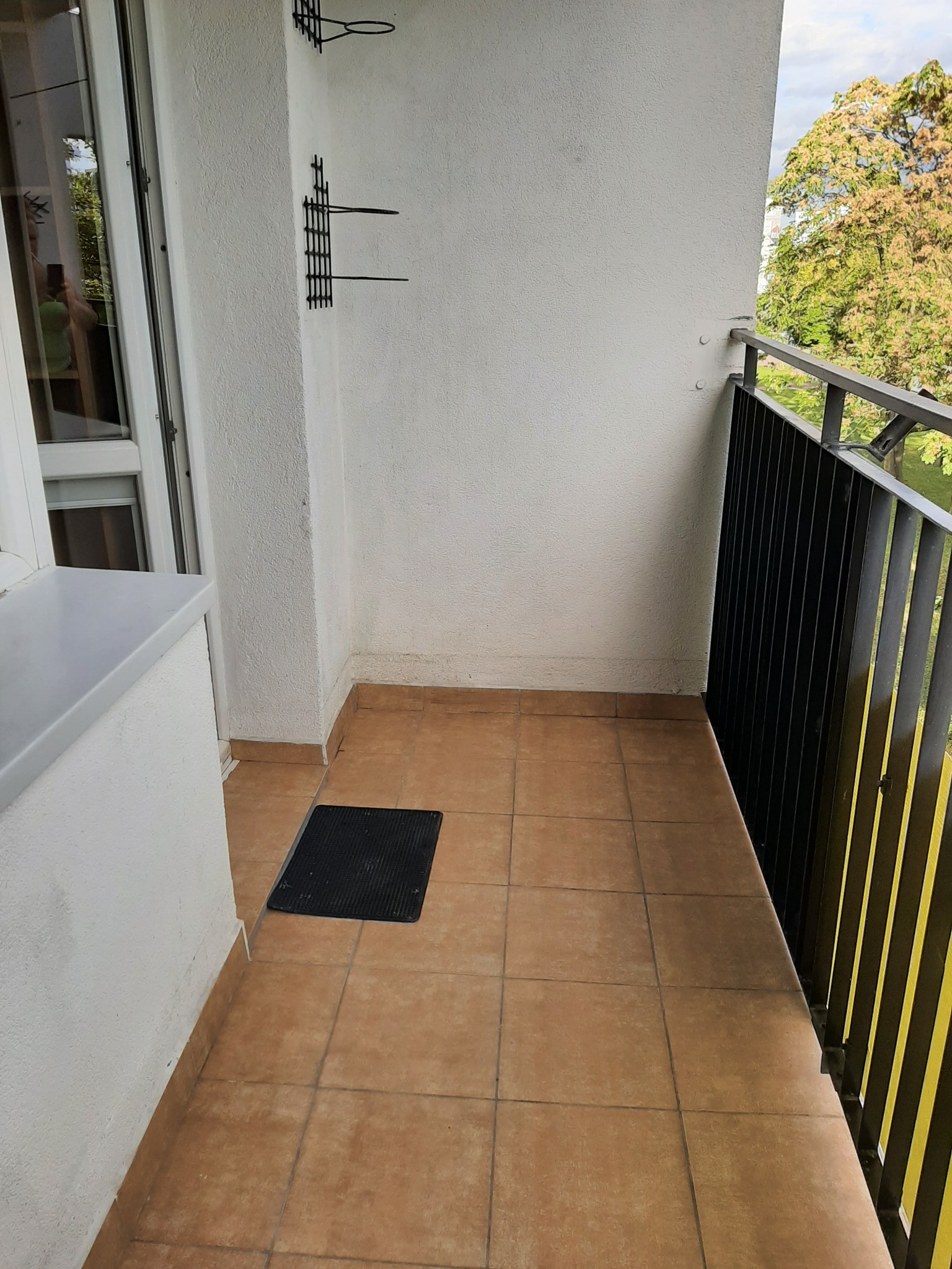 Uporządkowany balkon z brązowymi płytkami, czarną wycieraczką i metalową balustradą, widok na drzewo zza balustrady.