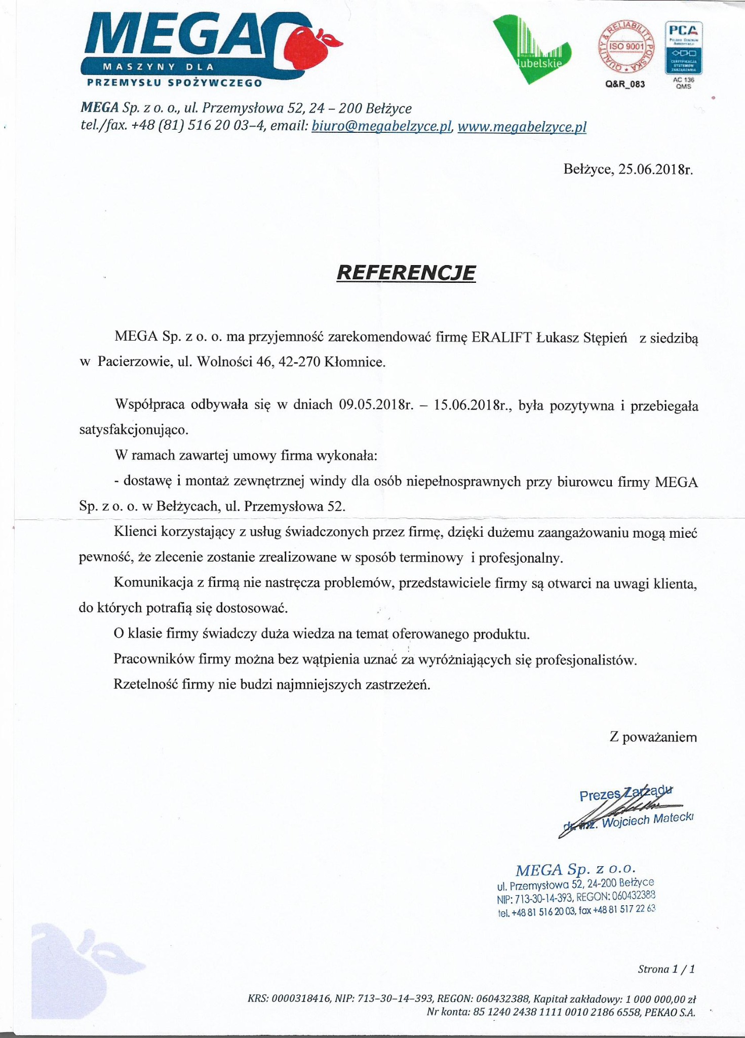 Skan dokumentu referencyjnego od firmy MEGA Sp. z o.o. z Bełżyc, potwierdzający dostawę i montaż zewnętrznej windy dla osób niepełnosprawnych, datowany na 25.06.2018.