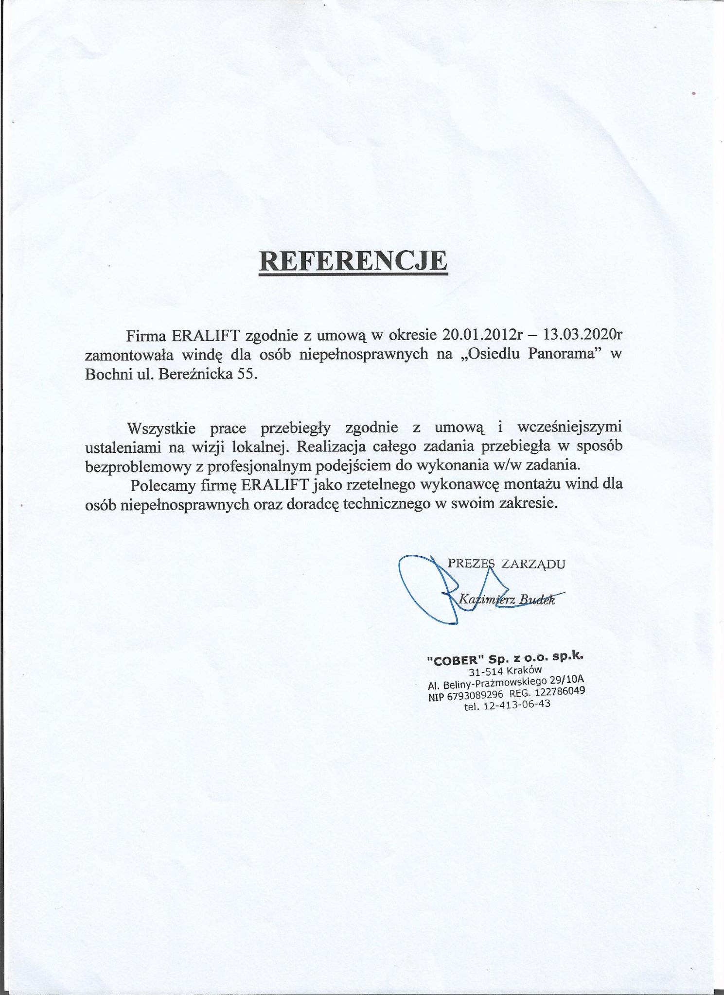 Skan dokumentu referencyjnego dla firmy ERALIFT, potwierdzający montaż windy dla osób niepełnosprawnych na Osiedlu Panorama w Bochni, zawierający podpis Prezesa Zarządu i dane kontaktowe firmy COBER.