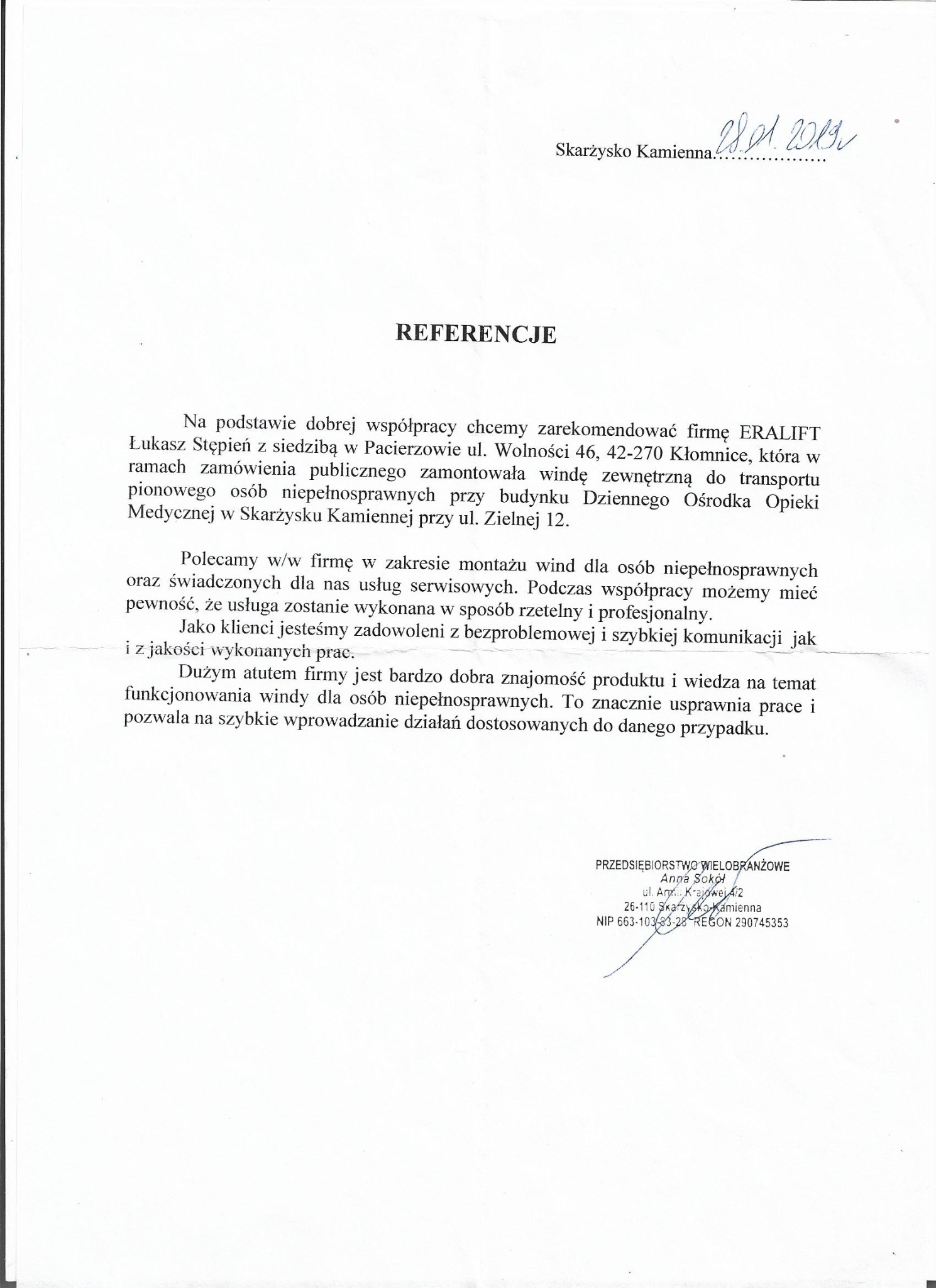 Skan dokumentu referencyjnego dla firmy ERALIFT, polecającej montaż windy zewnętrznej dla osób niepełnosprawnych w Skarżysku Kamiennej, z datą 28.01.2019 i pieczątką PRZEDSIĘBIORSTWA WIELOBRANŻOWE...