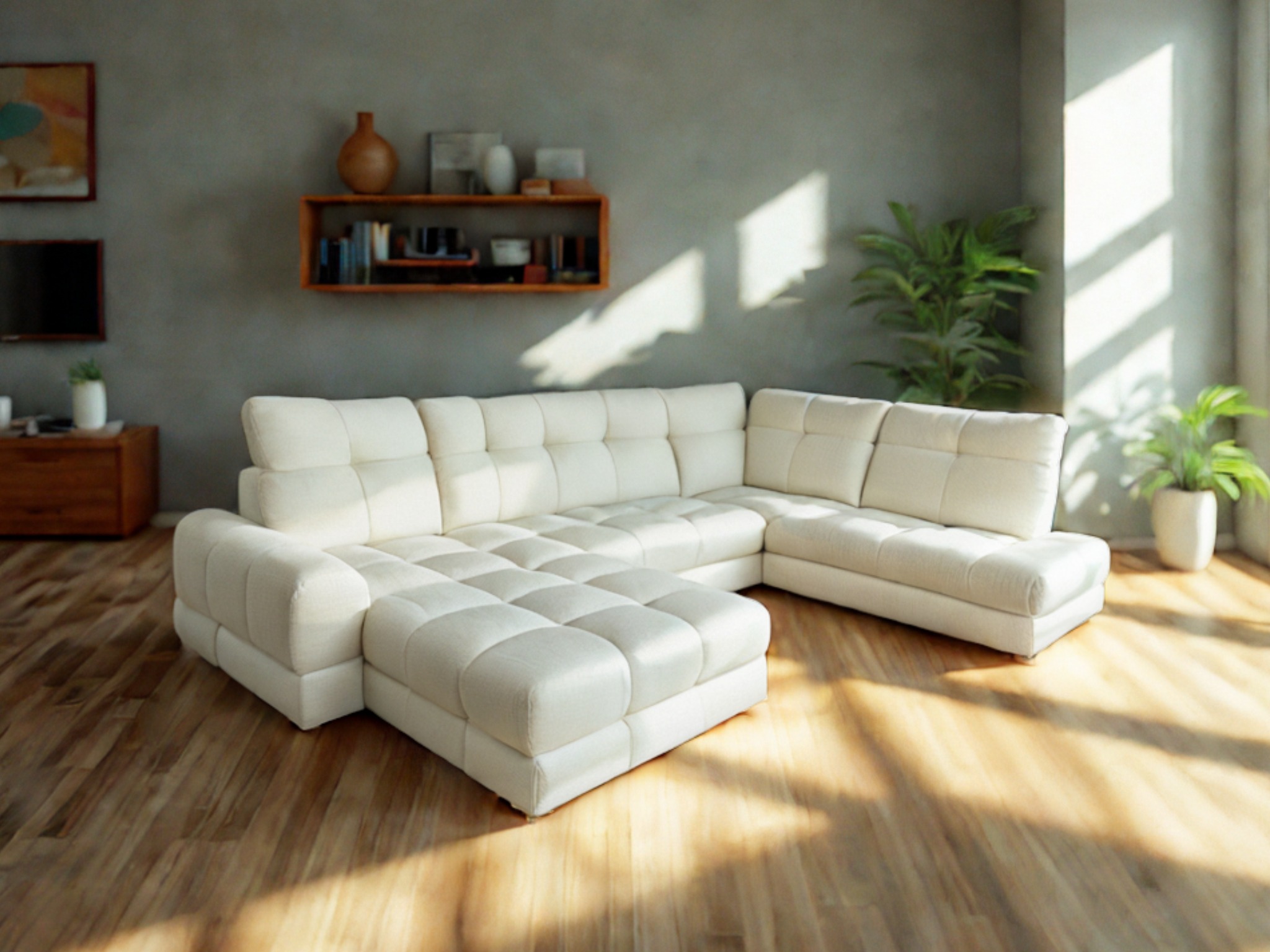 Jasny, modułowy narożnik tapicerowany z pikowanymi siedziskami w przestronnym salonie z drewnianą podłogą i roślinami doniczkowymi, oświetlony naturalnym światłem.