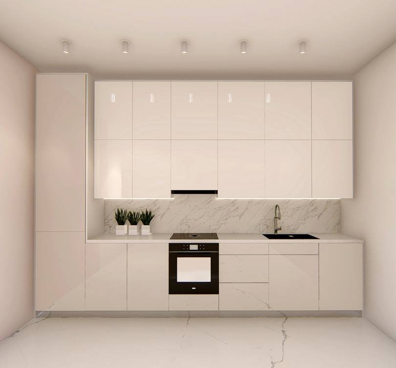 Minimalistyczna kuchnia w bieli z marmurowym blatem i backsplashiem, oświetleniem LED pod szafkami wiszącymi, czarnym piekarnikiem i małymi roślinami doniczkowymi jako dekoracja.