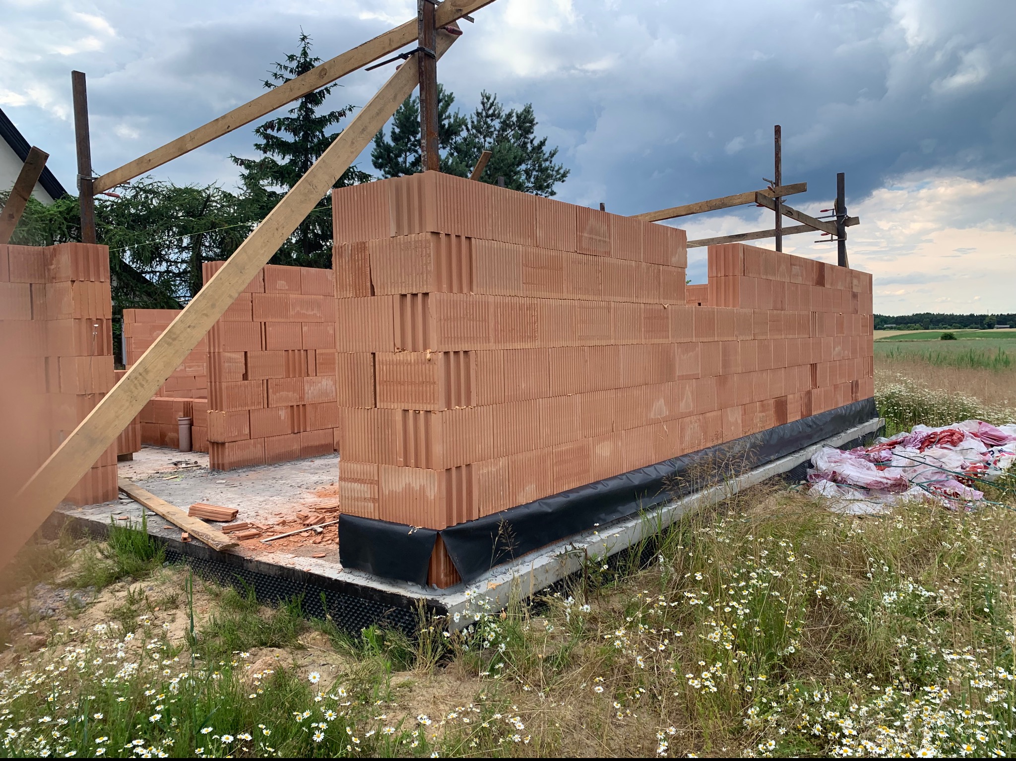 Wznoszenie ścian z bloczków ceramicznych na fundamencie z hydroizolacją, widoczne drewniane elementy konstrukcji i materiały budowlane w otoczeniu polnej roślinności.