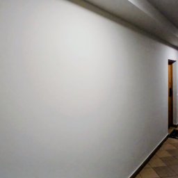 Malmaster - Korytarz w budynku wielorodzinnym po odświeżeniu ścian, widoczne drzwi i płytki podłogowe. Ściany pomalowane na jasny kolor, oświetlenie sufitowe.