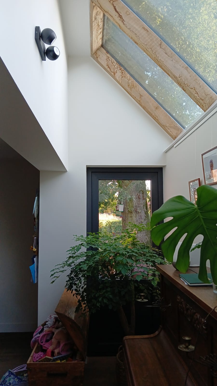 Jasne wnętrze z oknem dachowym i widokiem na zieleń, minimalistyczne ściany w odcieniach bieli, czarne ramy okienne, rośliny doniczkowe i drewniane elementy dekoracyjne.