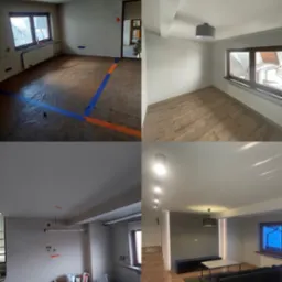 Kolaż przedstawiający pomieszczenia przed i po remoncie: surowe ściany zabezpieczone folią i taśmą malarską, worki z materiałami budowlanymi, oraz wykończone wnętrza z nową podłogą, pomalowanymi...