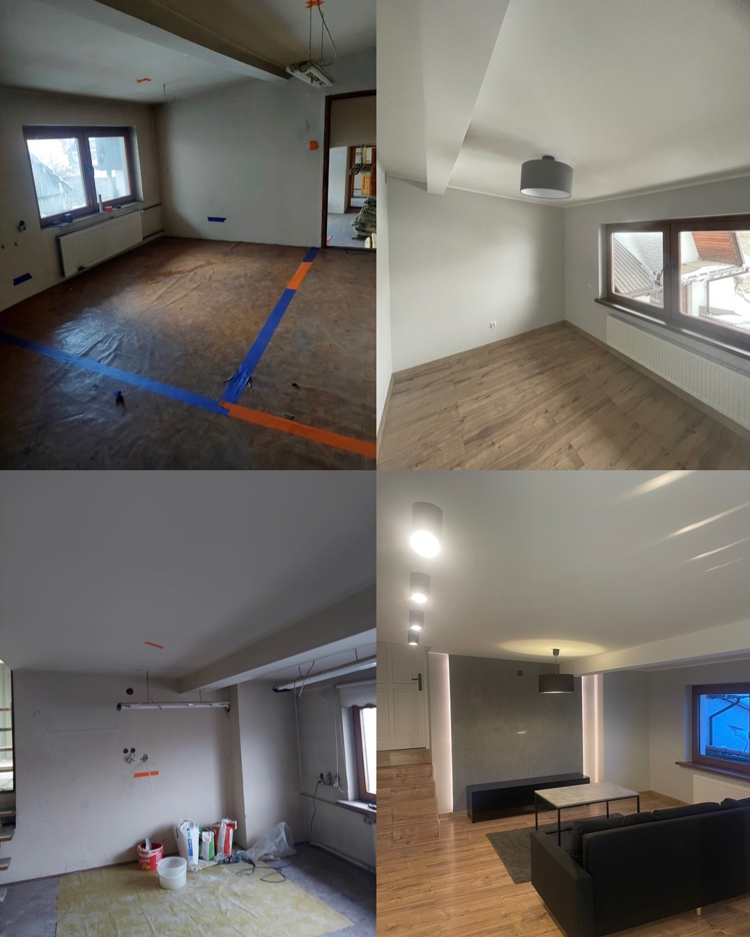 Kolaż przedstawiający pomieszczenia przed i po remoncie: surowe ściany zabezpieczone folią i taśmą malarską, worki z materiałami budowlanymi, oraz wykończone wnętrza z nową podłogą, pomalowanymi...