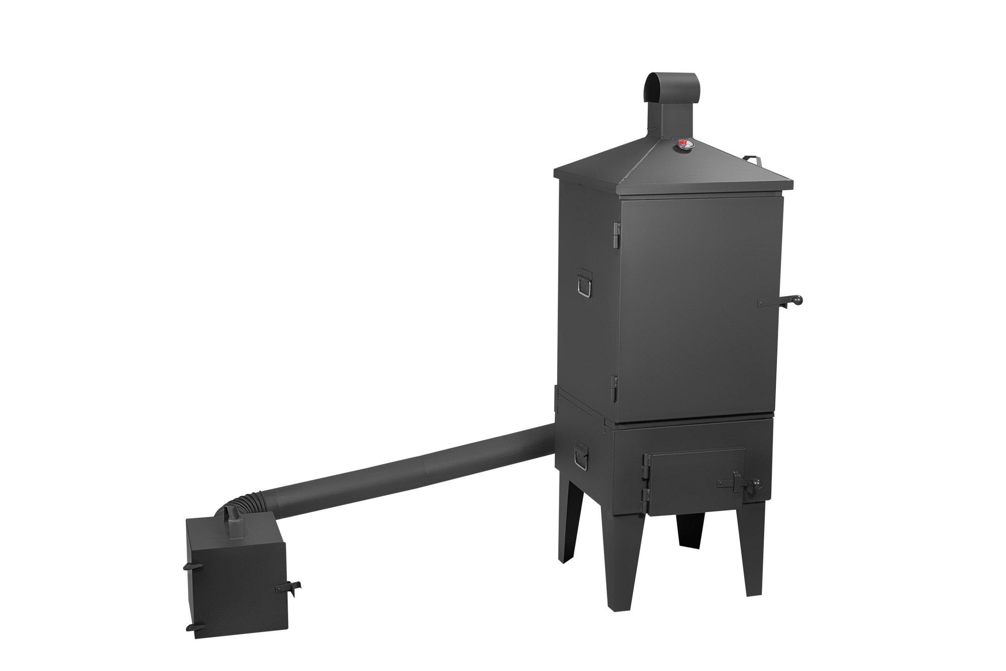 Metalowa wędzarnia z rurą dymową, malowana proszkowo na czarno, z uchwytami i termometrem na białym tle.