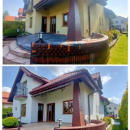 Dom jednorodzinny przed i po malowaniu elewacji: odcień żółty zmieniony na biały. Widoczne zabezpieczenie folią i taśmą przed rozpoczęciem prac. Czerwona cegła na kominie i obrzeżach tarasu.