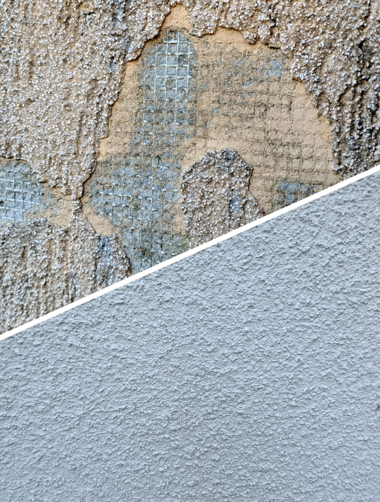 Fragment elewacji z widocznym uszkodzeniem tynku i siatką zbrojeniową, poniżej odnowiona powierzchnia z szarą strukturą baranka.