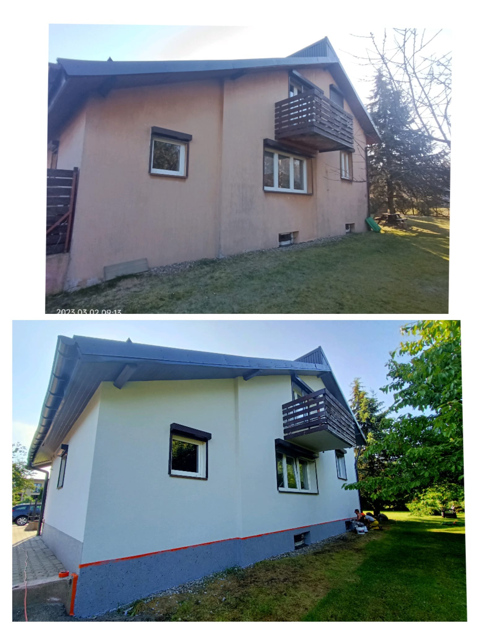 Porównanie elewacji domu przed i po malowaniu: od blado-różowej, przez szpachlowanie, do świeżej bieli z szarym cokołem. Widoczne okna z roletami i drewniany balkon.