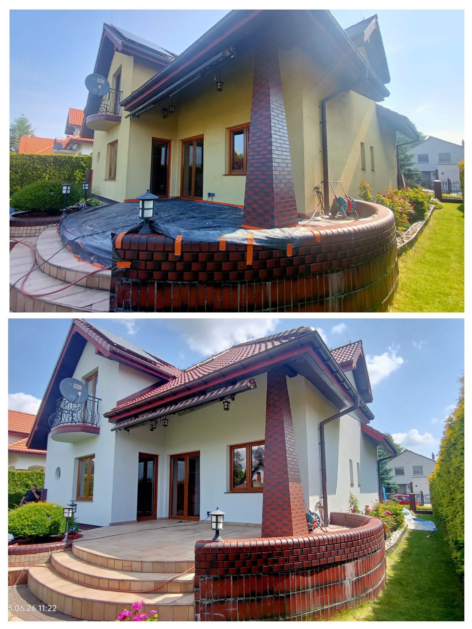 Dom jednorodzinny przed i po malowaniu elewacji: odcień żółty zmieniony na biały. Widoczne zabezpieczenie folią i taśmą przed rozpoczęciem prac. Czerwona cegła na kominie i obrzeżach tarasu.