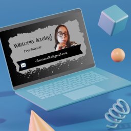 Wiktoria Szelka - Laptop z wizytówką grafika Wiktorii Szeląg na ekranie, otoczony abstrakcyjnymi kształtami na niebieskim tle.
