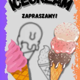 Ilustracja zapraszająca na lody, z realistycznym, trójkolorowym lodem w wafelku obok szkicowych konturów lodów i napisem 'ICECREAM ZAPRASZAMY!' na abstrakcyjnym tle.